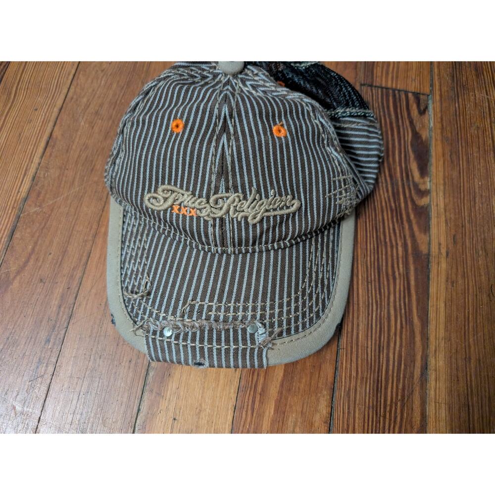 True Religion Vintage Distress Embroidered Denim Pinstriped Hat